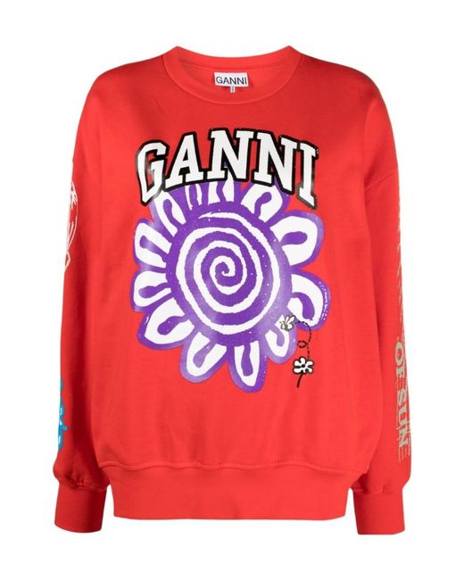Ganni Red Floral Printed Crewneck Sweatshirt