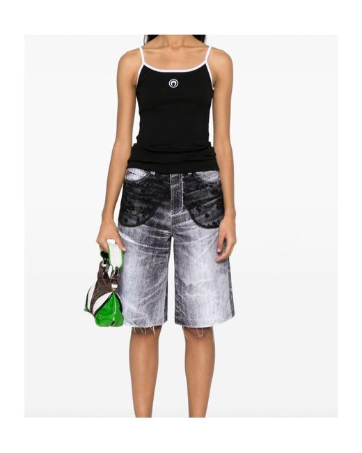 MARINE SERRE Black Contrast Trim Moon Logo Ribbed Tank Top