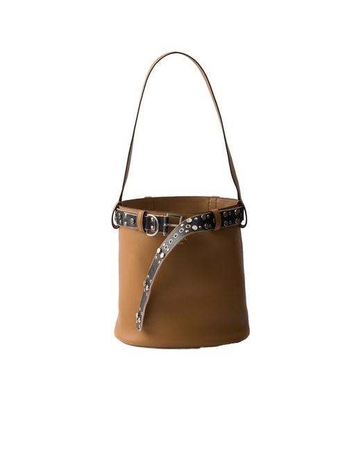 Prada Brown Buckle Leather Bucket Bag With Studded Belt