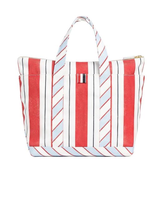 Thom Browne Red Logo Patch Striped Tote Bag for men