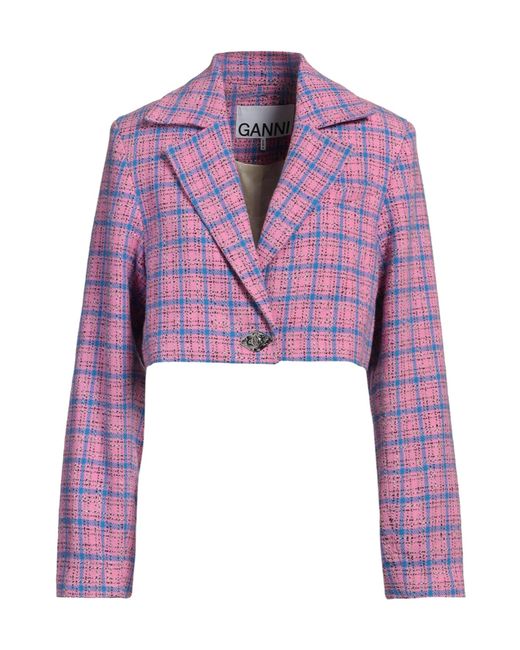 Ganni Purple Plaid Single-Breasted Blazer