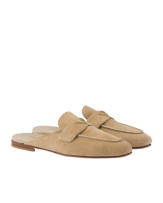 Prada Brown Logo Plaque Almond Toe Mules