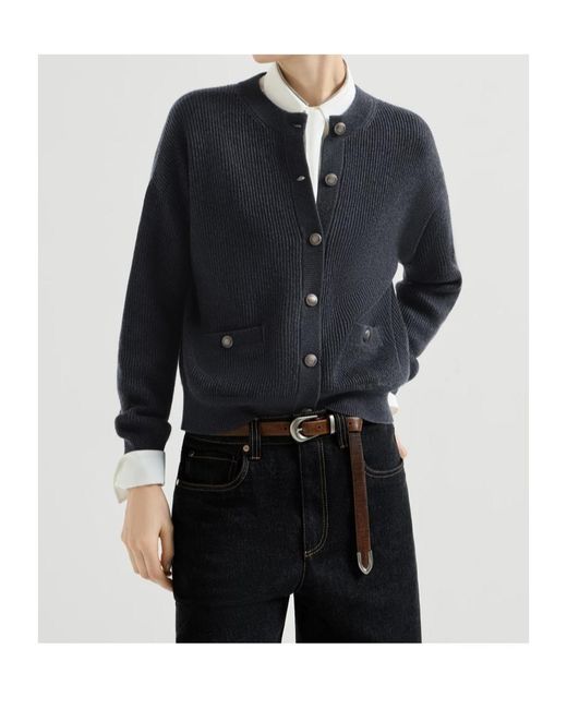Brunello Cucinelli Blue Sparkling Cashmere English Rib Cardigan