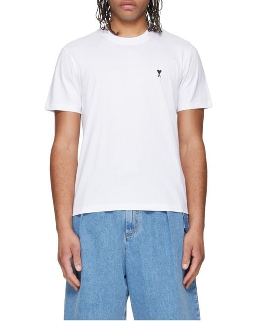AMI White Ami Logo Embroidered Crewneck T-Shirt for men
