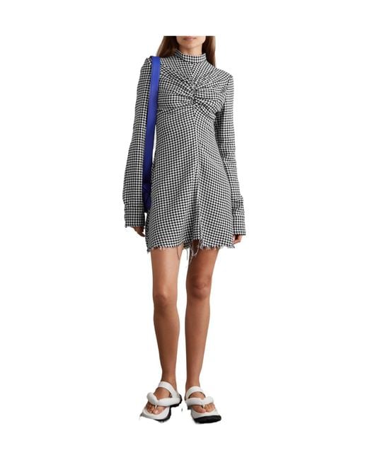 Marques'Almeida Gray Ruched Houndstooth Cotton Turtleneck Mini Dress