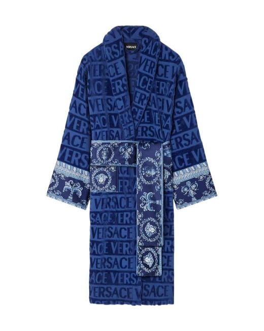 Versace Blue All-Over Motif Belted Bathrobe for men