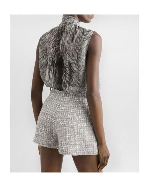 Dolce & Gabbana Gray Fur-Printed Chiffon Pussy-Bow Shirt