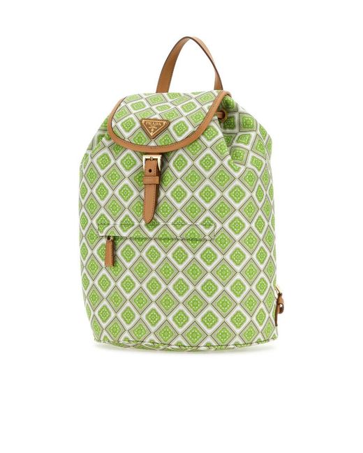 Prada Green Geometric-Print Drawstring Backpack