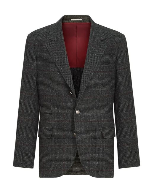 Brunello Cucinelli Black Silk, Wool And Cashmere Prince Of Wales Flannel Deconstructed Blazer for men