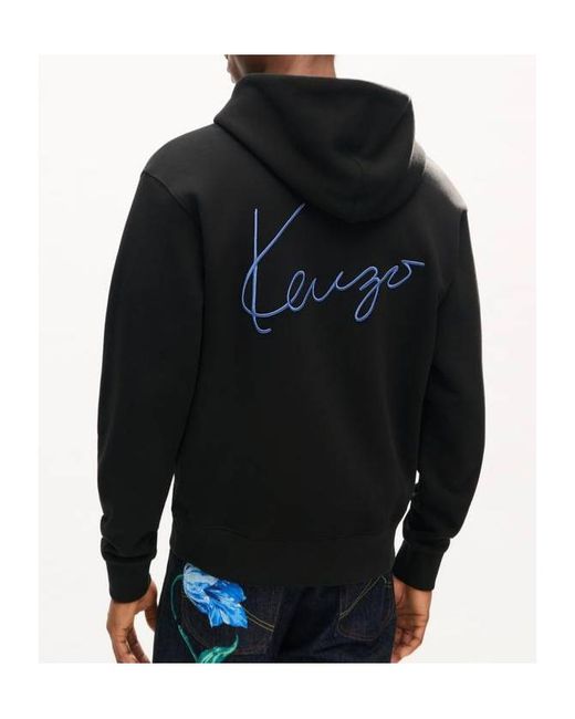 KENZO Black Signature Embroidered Zip Up Hoodie for men