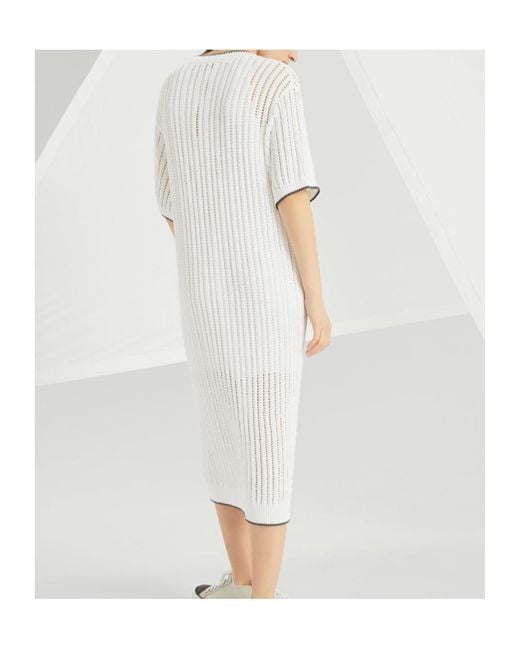 Brunello Cucinelli White Ribbed-Knit Short-Sleeved Dress