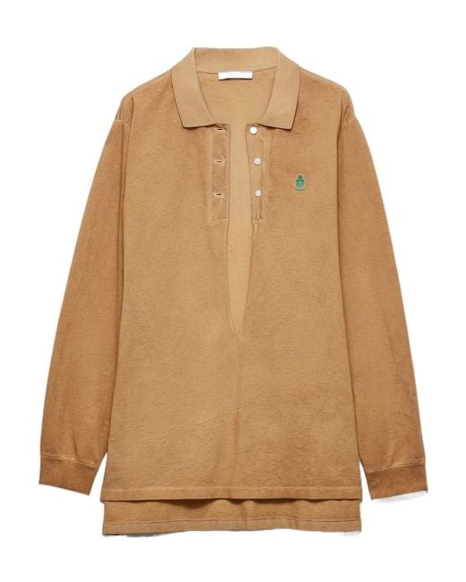 Prada Natural Long-Sleeved Cotton Piqué Polo Shirt