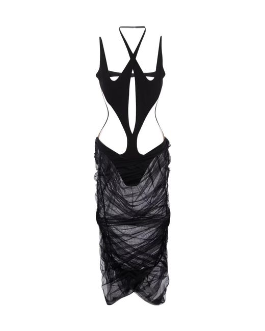 Mugler Black Sheer Stretch Knit Dress