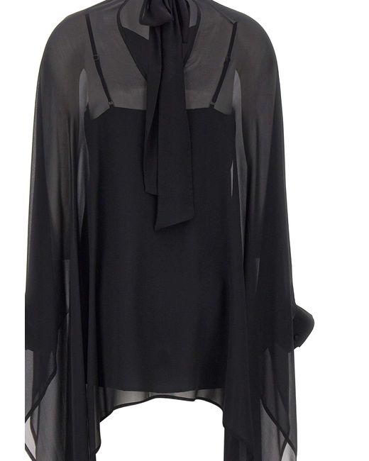 P.A.R.O.S.H. Black Semi-Sheer Draped-Sleeved Tunic
