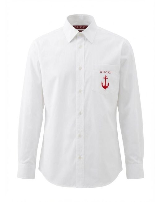 Gucci White Embroidery Long-Sleeve Poplin Shirt for men