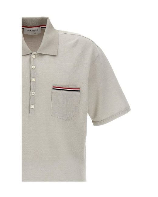 Thom Browne Gray Logo Patch Stripe-Detailed Polo Shirt for men