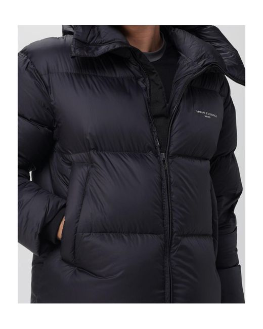 ARMANI EXCHANGE Blue Satin Hooded Down Jacket for men