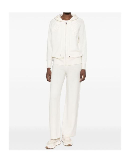 ERMANNO FIRENZE White Floral-Embroidered Open-Knit Hoodie