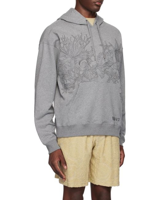 Versace Gray Milano Stamp-Embroidered Drawstring Hoodie for men
