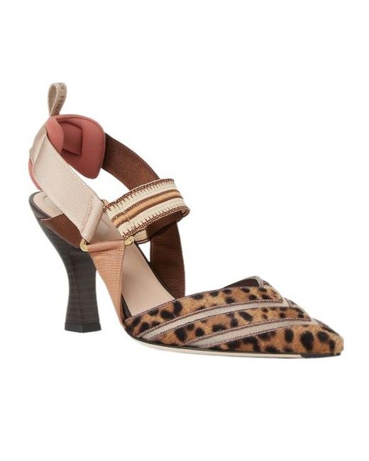 Fendi Brown High-Heeled Mesh And Cavallino Calfskin Slingbacks