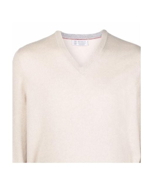 Brunello Cucinelli White Long-Sleeved V-Neck Cashmere Sweater for men