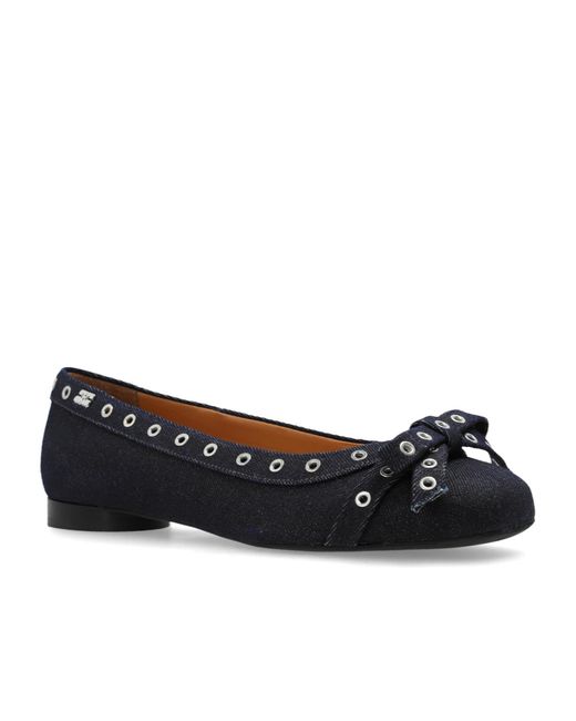 Ganni Black Denim Eyelet Bow Ballerinas