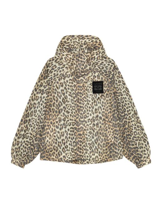 Ganni Natural Leopard Print Hooded Jacket