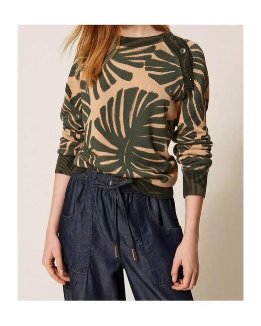 Twinset Green Leaf-Print Sweater