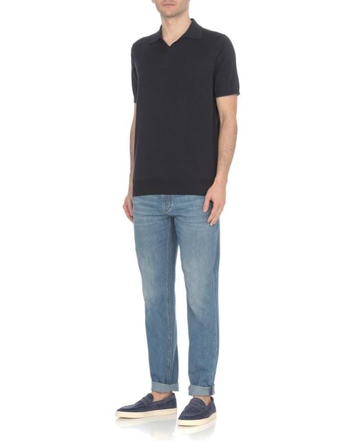 Brunello Cucinelli Blue Short Sleeved Ribbed Polo Shirt for men
