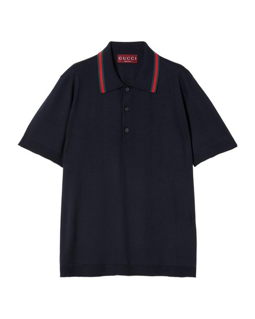 Gucci Blue Wool Knit Polo Shirt With Web for men