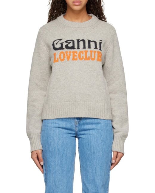 Ganni Gray Logo-Intarsia Jumper