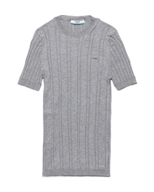 Prada Gray Short-Sleeved Ribbed Knit Cotton Sweater