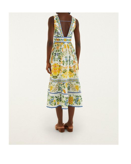 Farm Rio White Long Dress With Floral Print And Deep V-neck