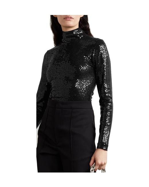 Michael Kors Black Sequined Crepe Turtleneck Thong Bodysuit