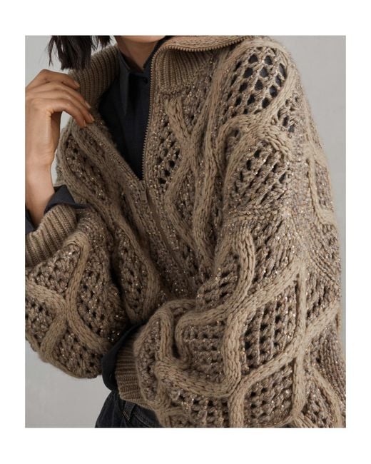 Brunello Cucinelli Natural Zipped Open-Knit Cardigan