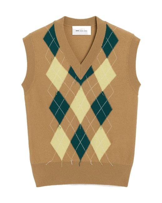 AMI Green Wool-Cotton Diamond Pattern Sleeveless Knit Sweater for men