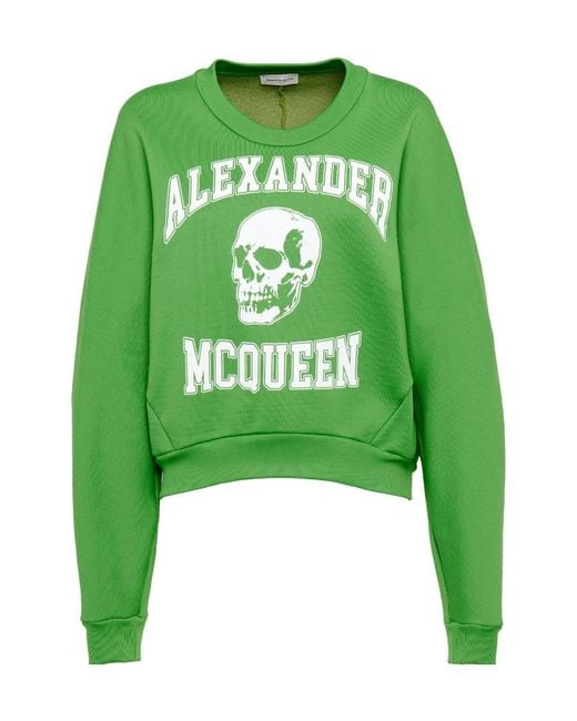 McQueen Green Varsiity Skull Printed Crewneck Sweatshirt