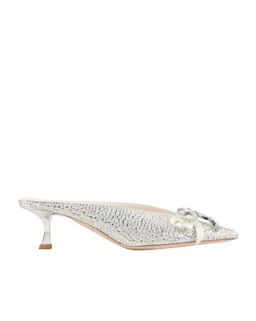 Jimmy Choo White Ivory Satin And Princess Crystal Hotfix Mules With Bow Embellishment