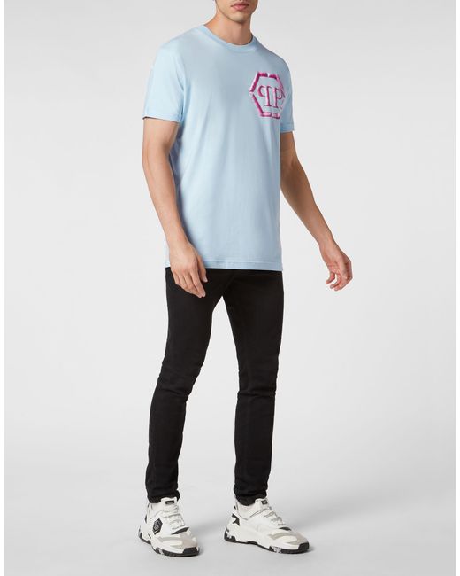 Philipp Plein Blue T-Shirt With Round Neck And Short Sleeves for men