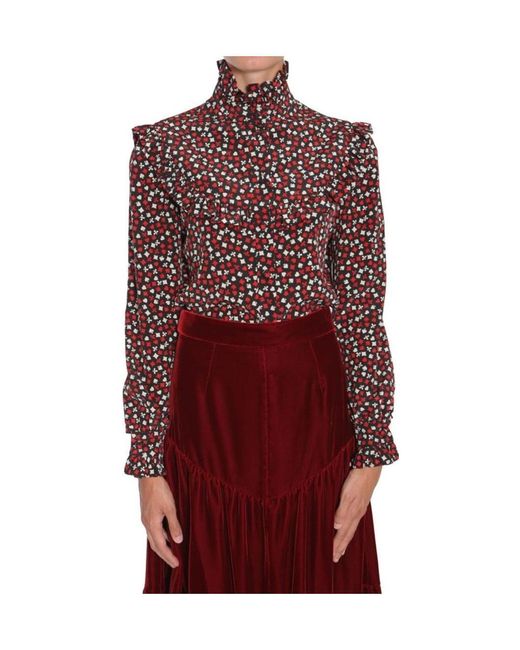 Saint Laurent Red Printed Ruffle Trim Blouse