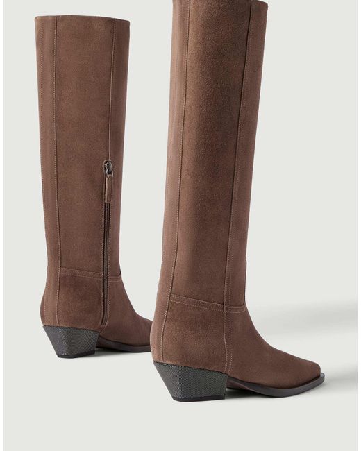 Brunello Cucinelli Brown Suede Boots With Precious Heel