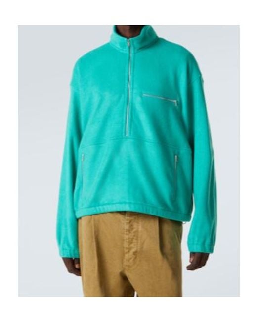 Auralee Green Silk Fleece Half-Zip Sweater for men
