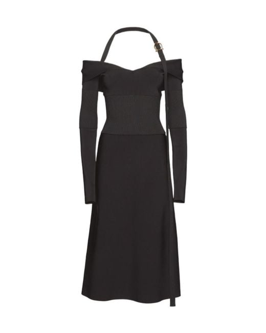 Ferragamo Black Ferragamo Off-Shoulder Long-Sleeved Midi Dress