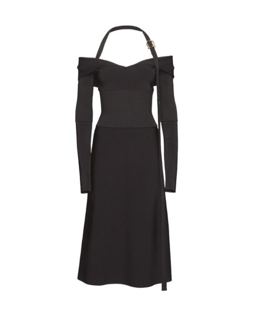 Ferragamo Black Ferragamo Off-Shoulder Long-Sleeved Midi Dress