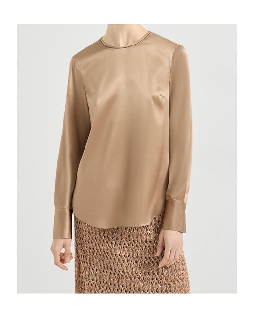 Brunello Cucinelli Natural Monili-Detail Long-Sleeve Blouse