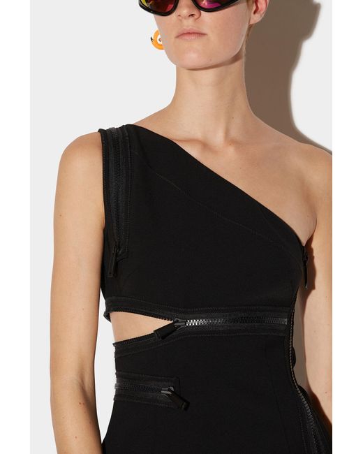 DSquared² Black One-Shoulder Zip-Detailed Sleeveless Mini Dress