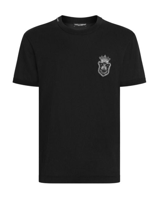 Dolce & Gabbana Black Cotton Embroidery Crest T-Shirt for men