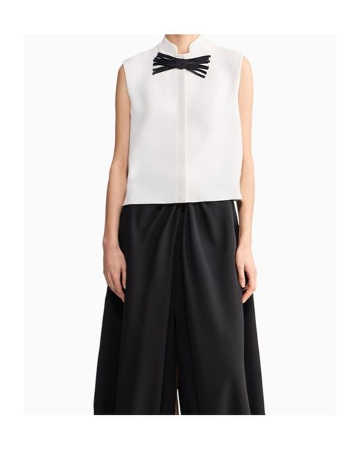 Giorgio Armani White Shirt Sleeveless Mandarin Collar Silk Cady Detachable Brooch