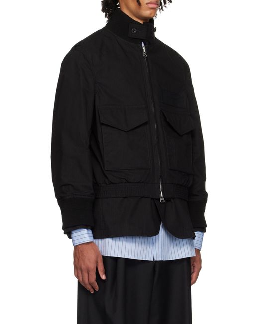 Sacai Black Rip Stop Zip-Up Bomber Jacket for men