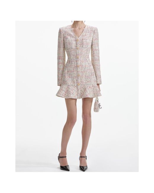 Self-Portrait Natural Boucle V-Neck Mini Dress